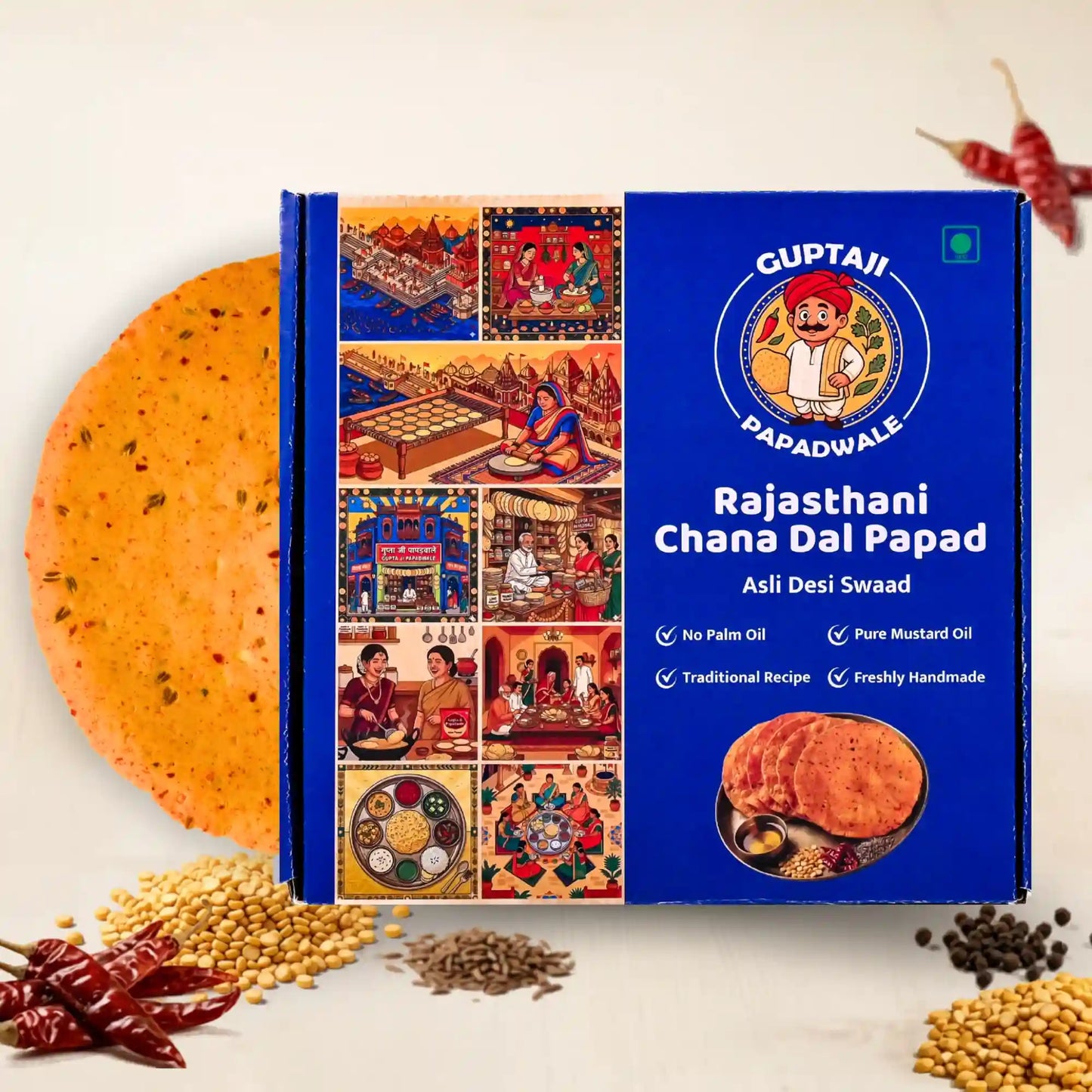 Handmade Rajasthani Chana Dal Papad in Classic Chana Lehsun flavor, traditional garlic infused sun-dried lentil crisp - Guptaji Papadwale.
