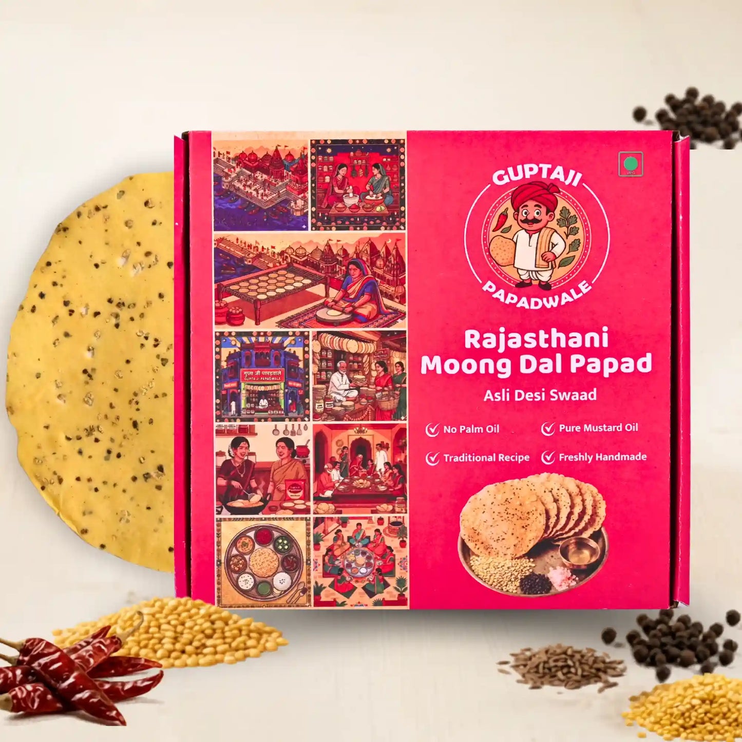 Spicy Moong Double Masala Rajasthani Papad pack display, hand-rolled crisp lentil snack made with pure mustard oil - Guptaji Papadwale.