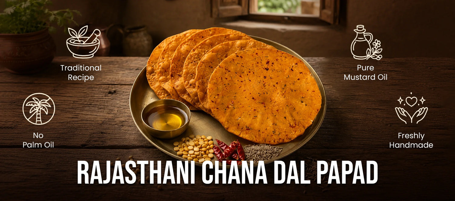 Crispy protein-packed Rajasthani Chana Dal Papad varieties, homemade sun-dried garlic and masala lentil crackers - Guptaji Papadwale.