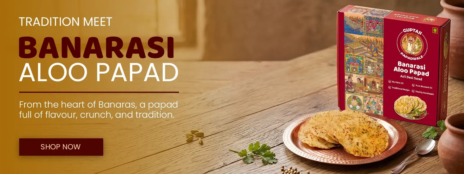 Premium handmade Banarasi Aloo Papad display on a plate, traditional sun-dried potato papad from Varanasi - Guptaji Papad Wale desktop banner