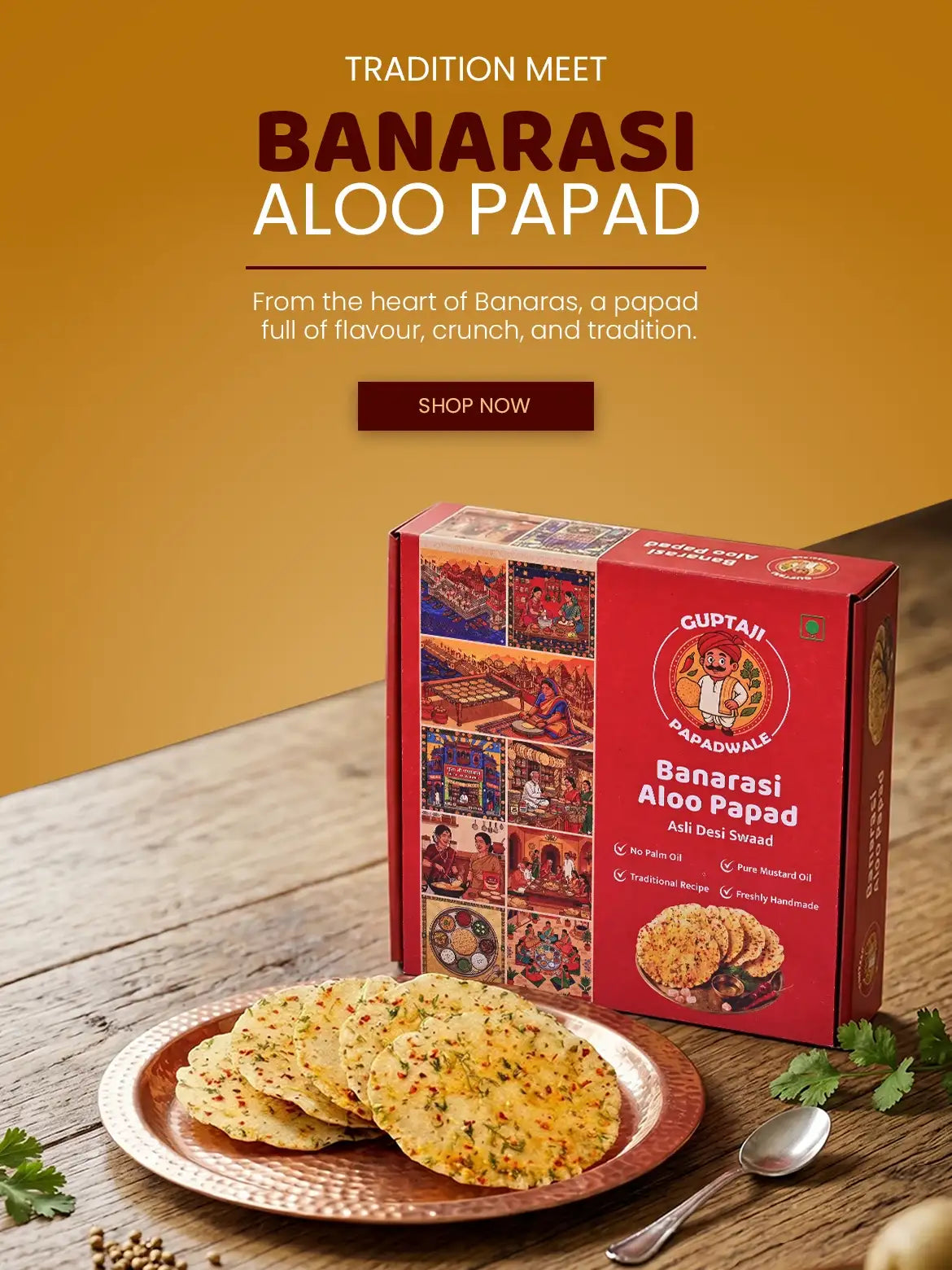 Authentic sun-dried Banarasi Aloo Papad closeup, palm oil free potato papad - Guptaji Papad Wale mobile website banner.
