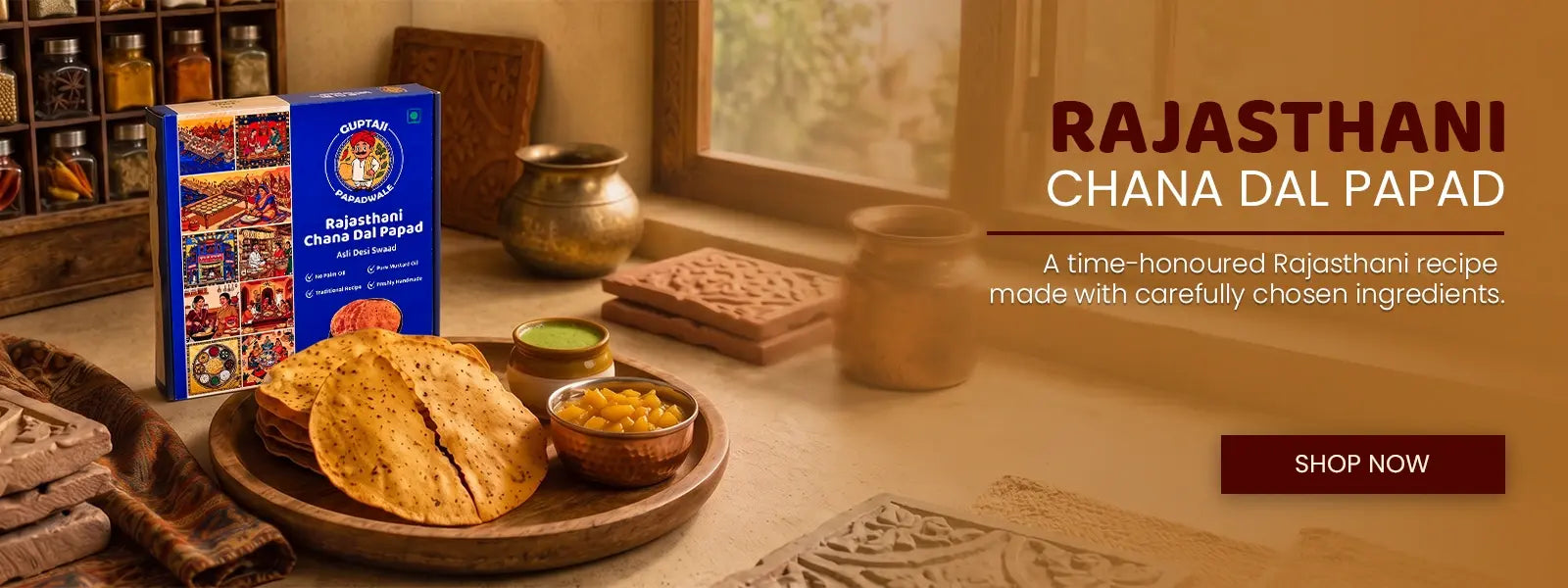 Crunchy protein-packed Chana Dal Papad, homemade healthy sun-dried snacking option - Guptaji Papad Wale desktop web banner.