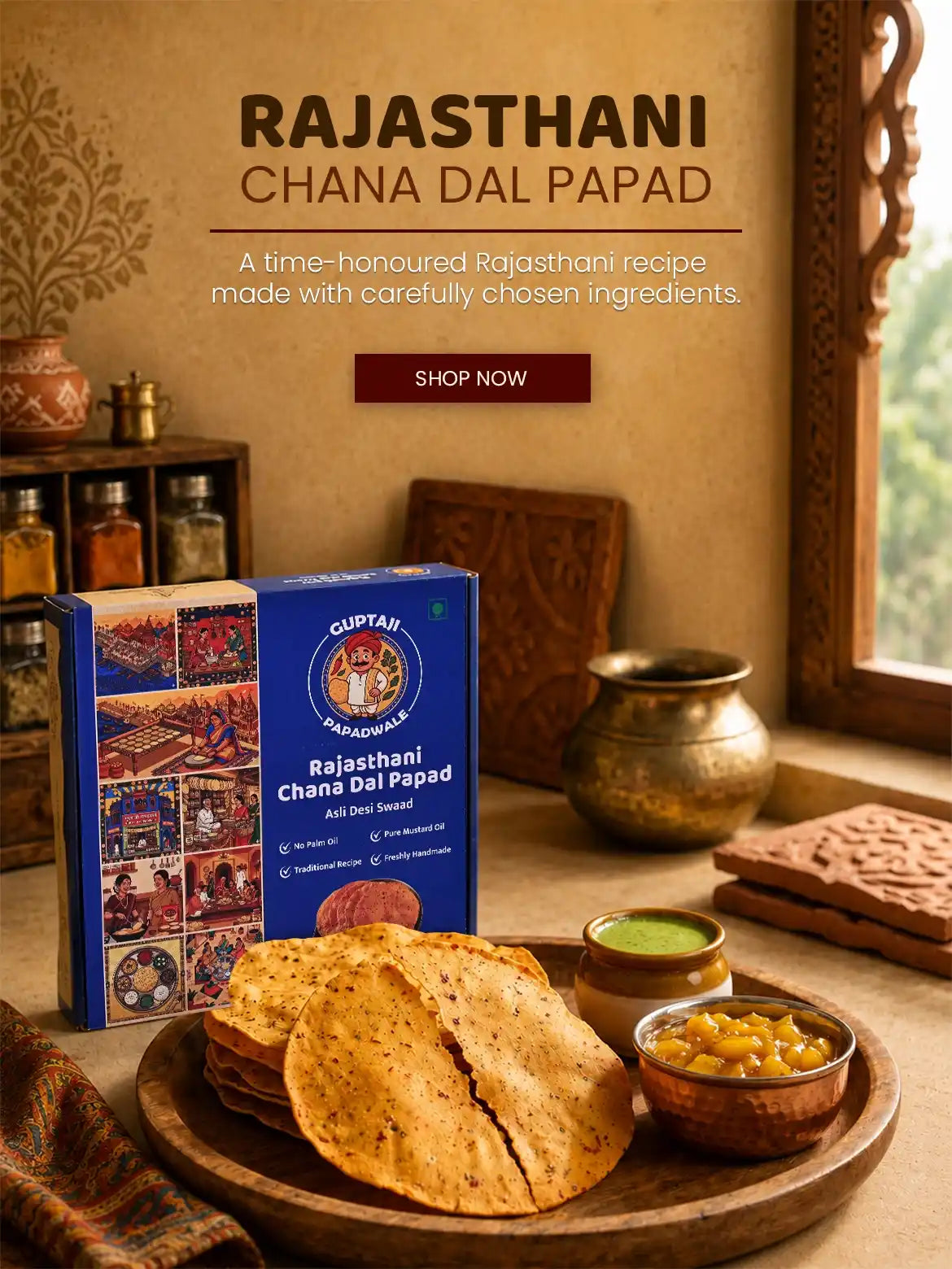 Traditional Chana Dal Papad, hand-rolled crisp lentil crackers without artificial additives - Guptaji Papad Wale mobile banner.