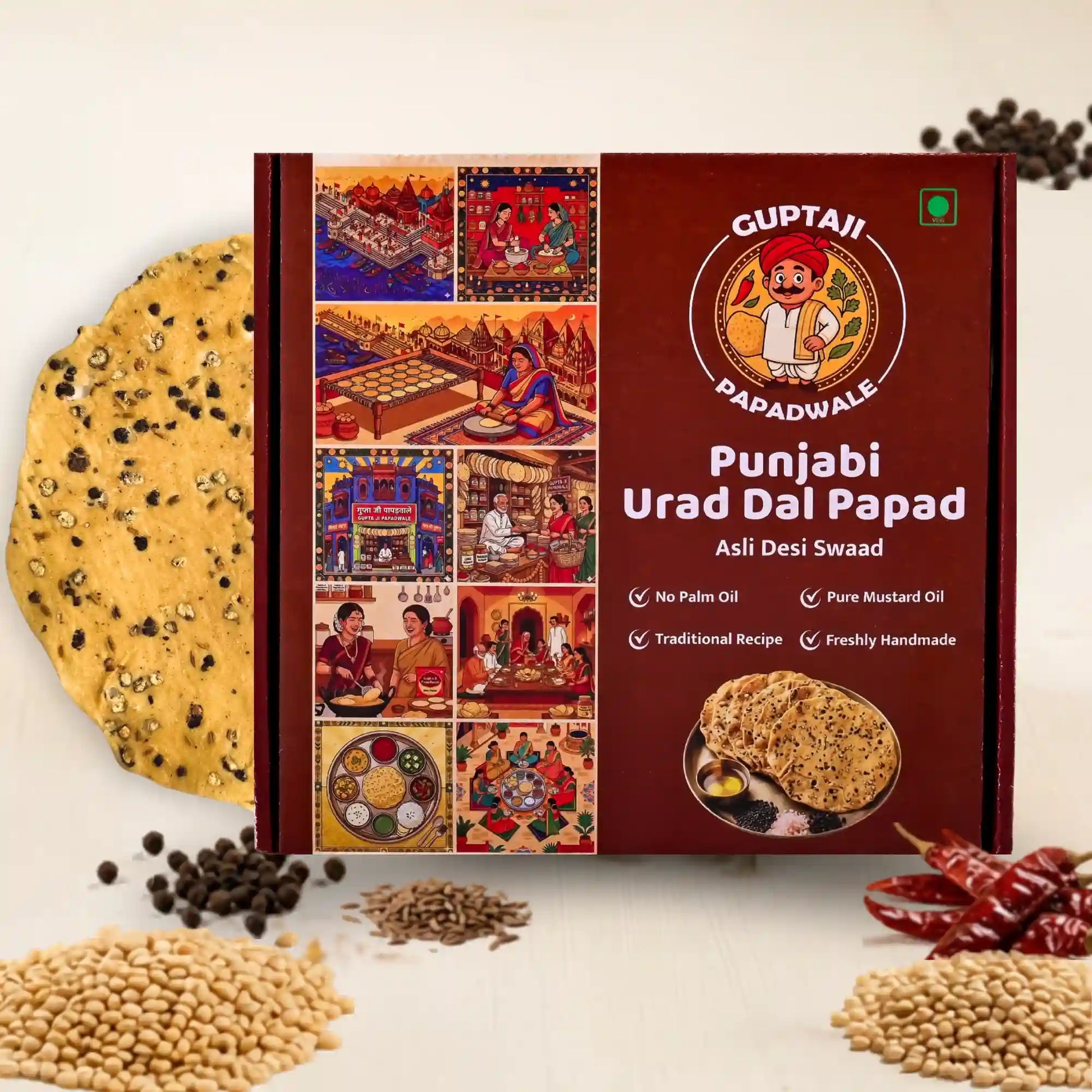 Spicy Urad Double Masala Punjabi Papad bundle display, hand-rolled crisp snack made using pure mustard oil and no palm oil - Guptaji Papadwale.