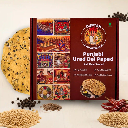 Spicy Urad Double Masala Punjabi Papad bundle display, hand-rolled crisp snack made using pure mustard oil and no palm oil - Guptaji Papadwale.