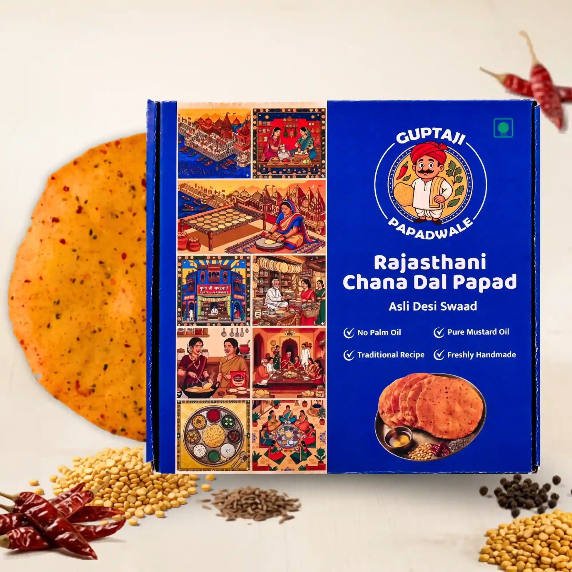 Spicy Chana Double Masala Rajasthani Papad display, hand-rolled crisp snack made with pure mustard oil - Guptaji Papadwale.