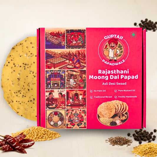 Spicy Moong Double Masala Rajasthani Papad pack display, hand-rolled crisp lentil snack made with pure mustard oil - Guptaji Papadwale.